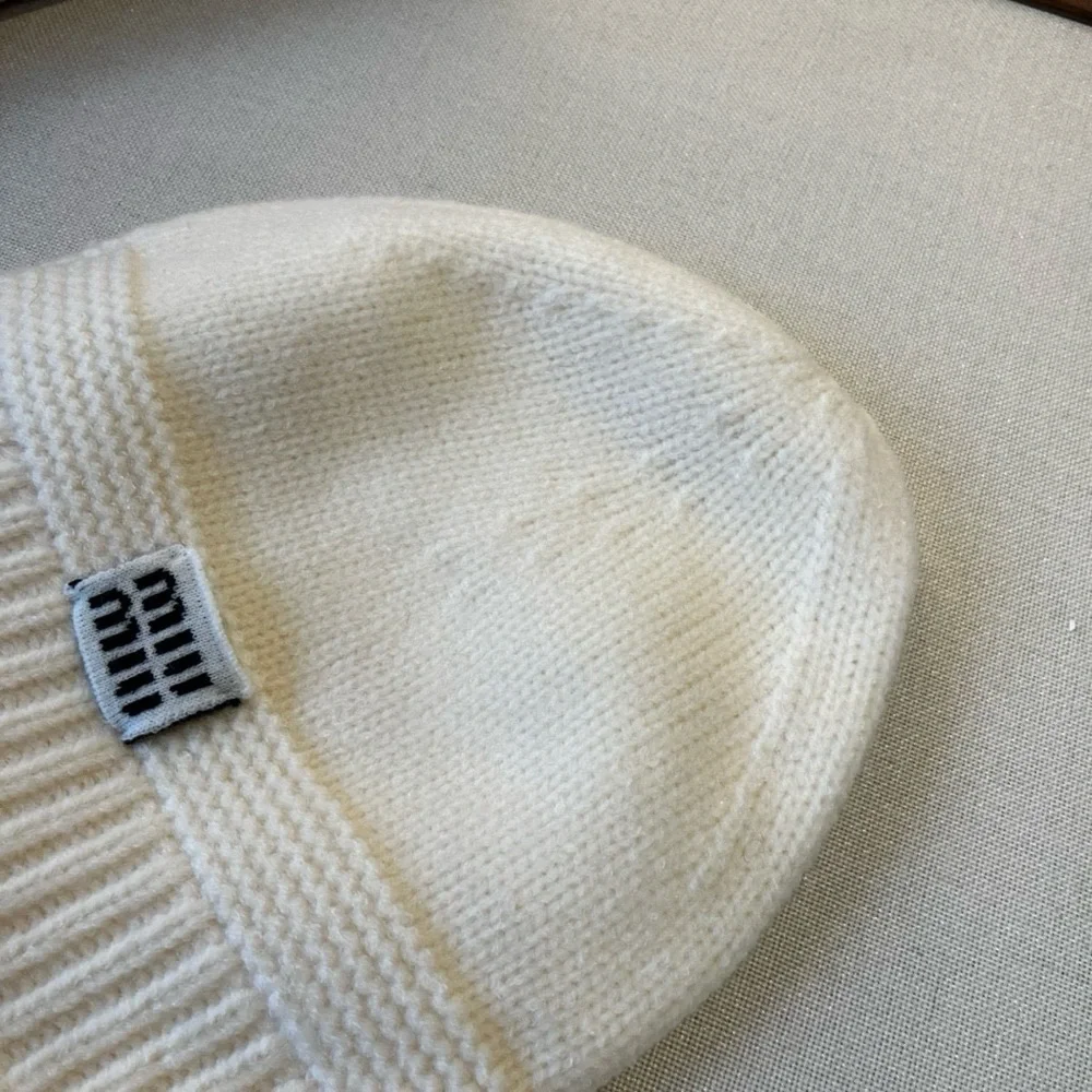 Miu Miu Cream Knit Hat with Pom Poms - Picture 3 of 6